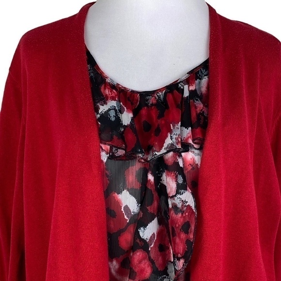 Elementz Floral‎ Sheer 2-Layer Ruffle Open Sweater Cardigan Women's XL Red Black - Picture 3 of 11